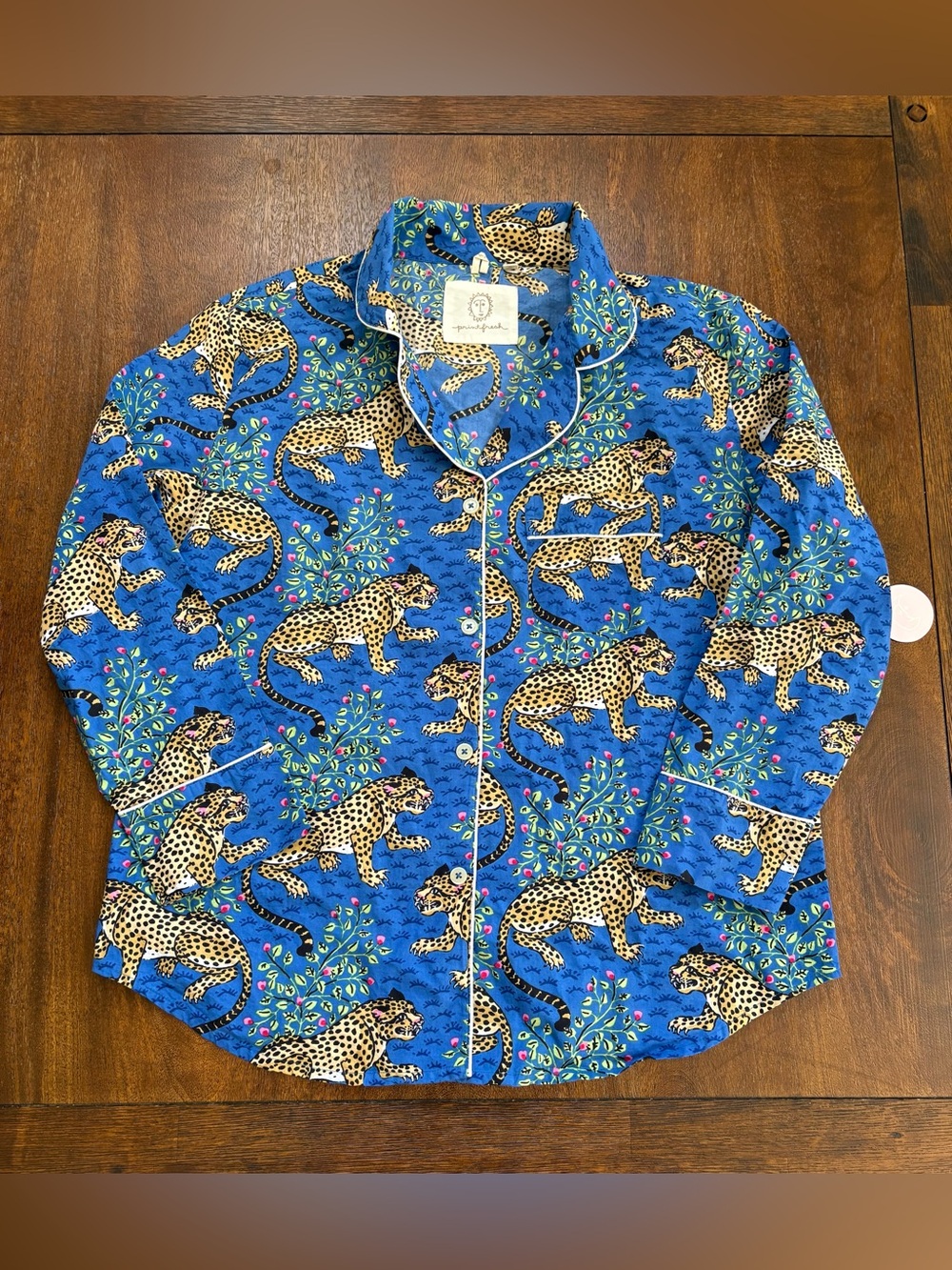 Printfresh Pajama Long Sleeve Shirt Top in Bagheera Blue Organic Cotton Women M